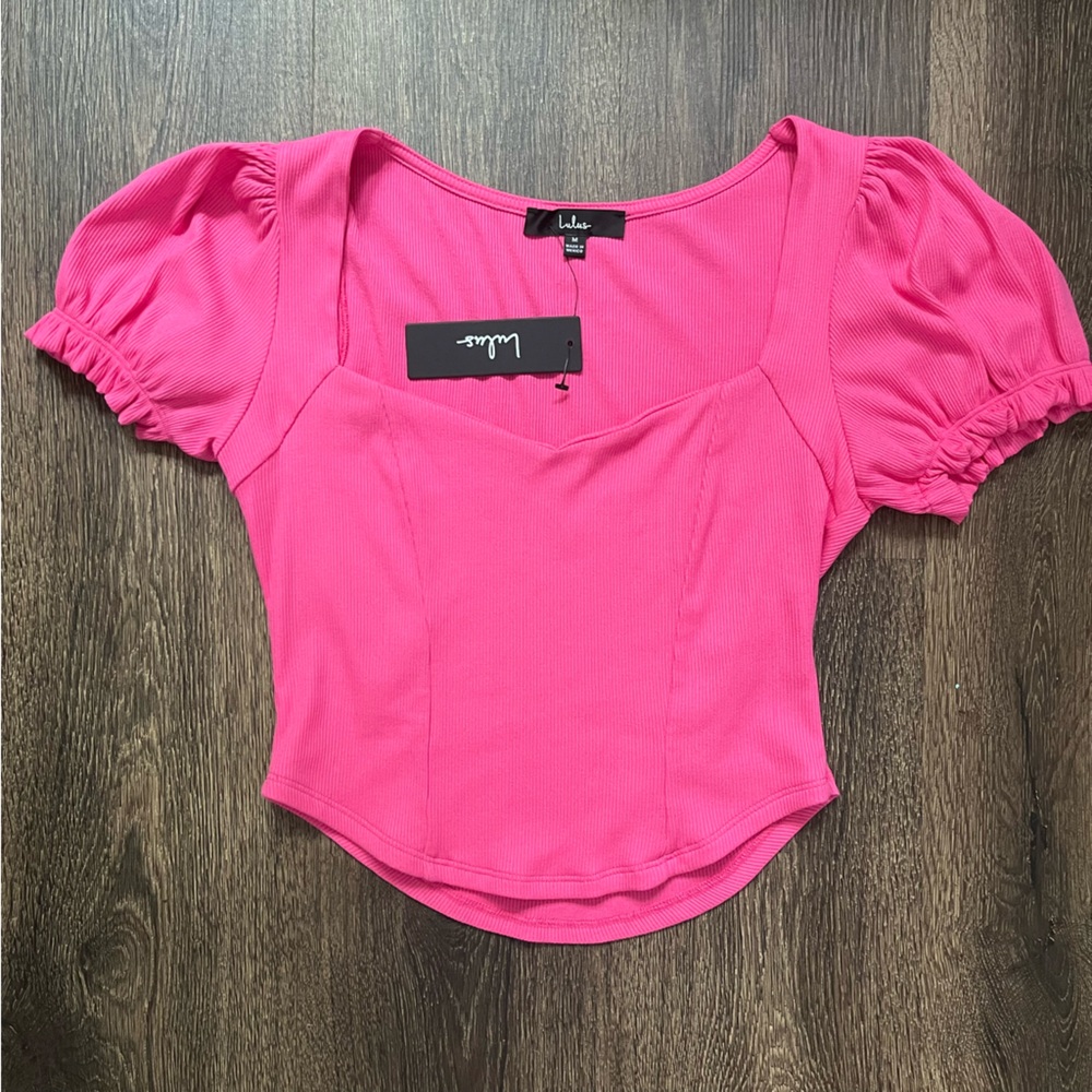 NWT Lulus Hot Pink Ribbed Puff Sleeve Crop Top